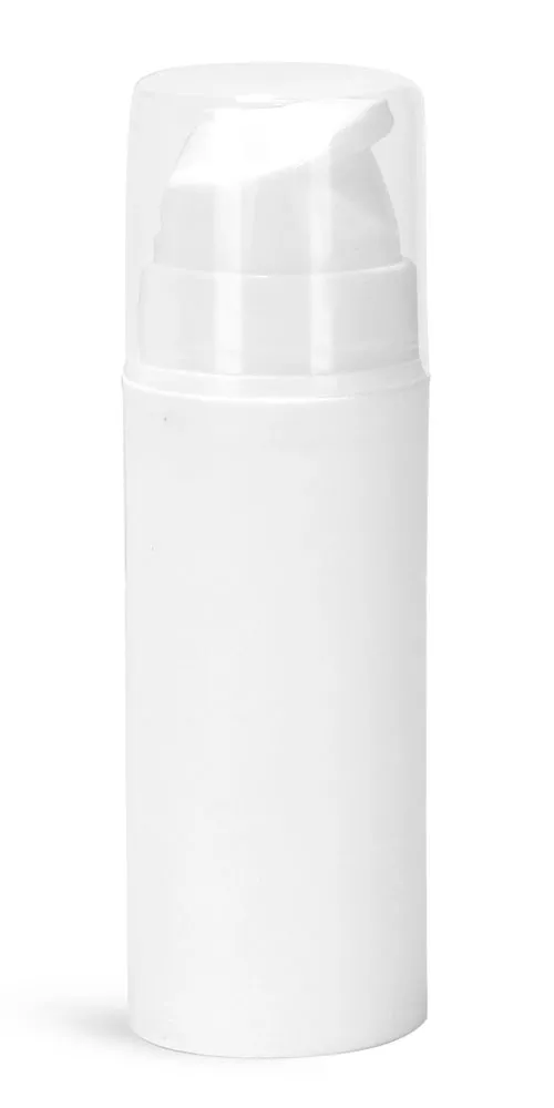 30 ml Plastic Bottles, White Polypropylene Mini Airless Pump Bottles w/ Pumps, Snap Caps, & Overcaps