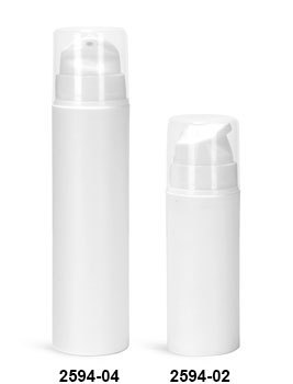 Plastic Bottles, White Polypropylene Airless Pump Bottles w/ White Pumps & Clear Overcaps