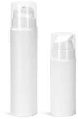 White Polypropylene Airless Pump Bottles w/ White Pumps & Clear Overcaps