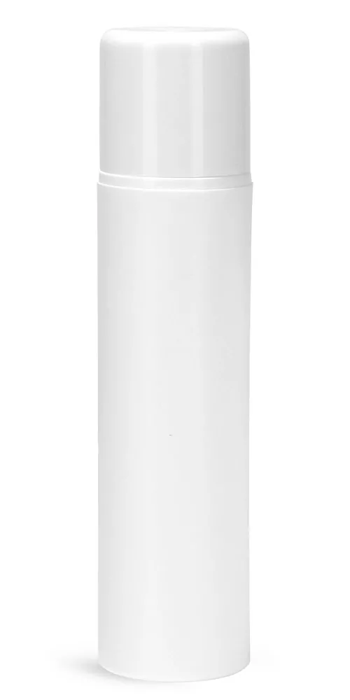 50 ml Plastic Bottles, White Polypropylene Mini Airless Pump Bottles w/ White Pumps & White Overcaps