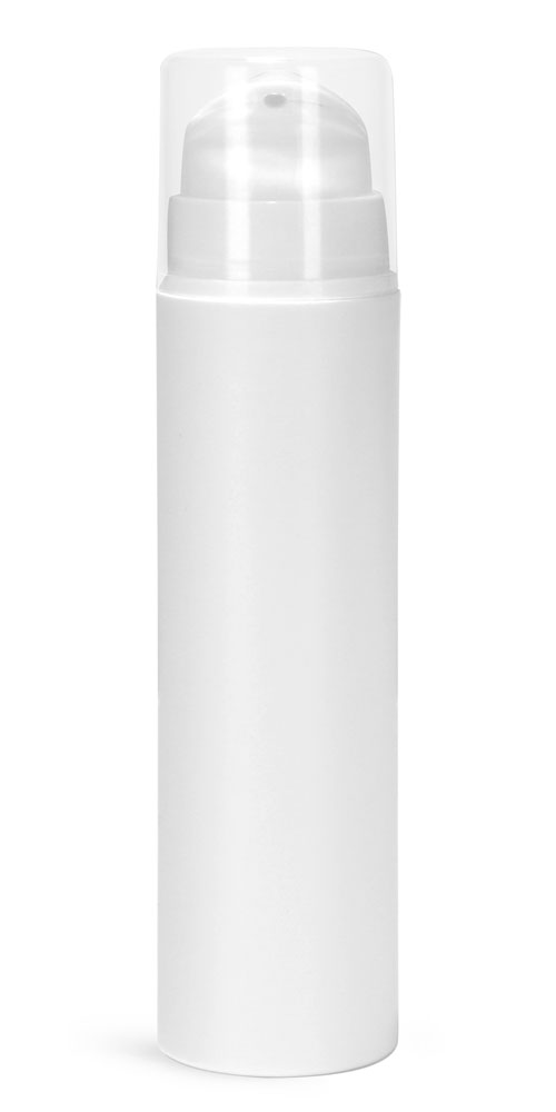 50 ml Plastic Bottles, White Polypropylene Mini Airless Pump Bottles w/ Pumps, Snap Caps, & Overcaps
