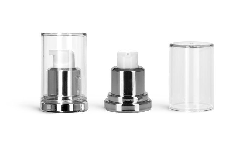 Airless Pumps, Silver Airless Pumps w/ Clear Caps