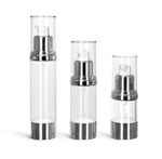 Styrene Plastic Bottles, Clear Airless Pump Bottles w/ Silver Pumps & Clear Caps