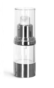 Styrene Plastic Bottles, Clear Airless Pump Bottles w/ Silver Pumps & Clear Caps