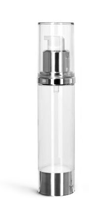 Plastic Bottles, Clear AS Airless Pump Bottles w/ Silver Pumps & Clear Caps