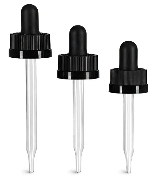 Child Resistant Caps, Black Child Resistant Droppers w/ Glass Pipettes