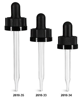 Child Resistant Caps, Black Child Resistant Droppers w/ Glass Pipettes