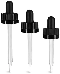 Child Resistant Caps, Black Child Resistant Droppers w/ Glass Pipettes