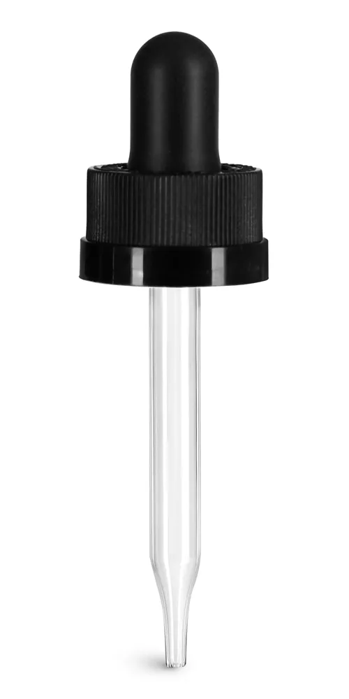 18/400 (7 mm x 66 mm) Black Child Resistant Bulb Glass Droppers