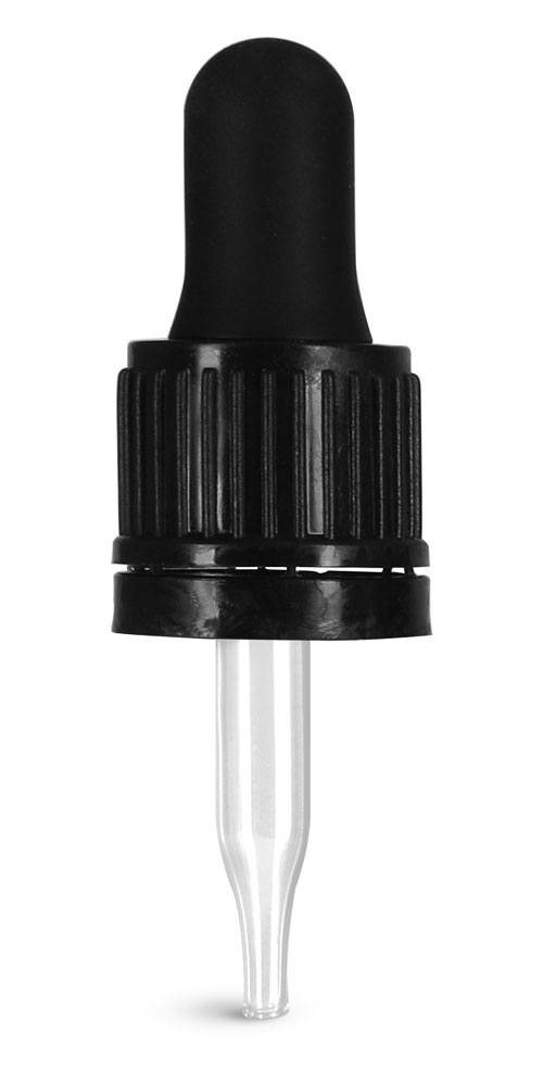 18/415 (7 mm x 48 mm) Glass Droppers, Black Bulb Glass Droppers w/ Tamper Evident Seal