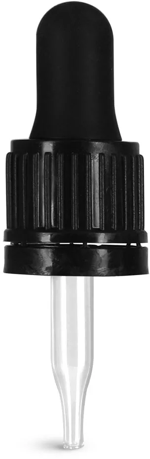 18/415 (7 mm x 77 mm) 18/415 (7 mm x 77 mm) Glass Droppers, Black Bulb Glass Droppers w/ Tamper Evident Seal