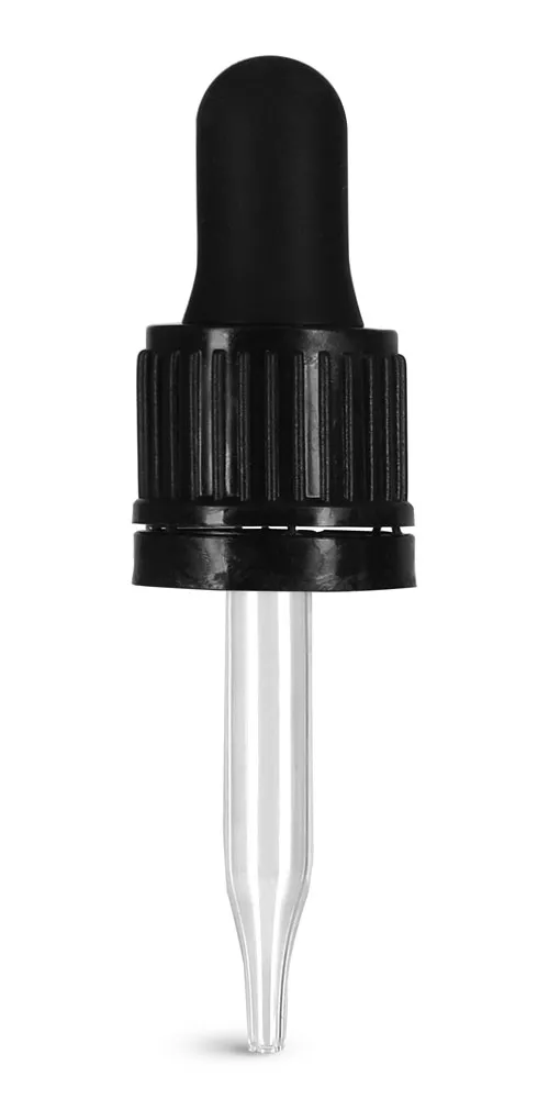 18/415 (7 mm x 58 mm) Glass Droppers, Black Bulb Glass Droppers w/ Tamper Evident Seal