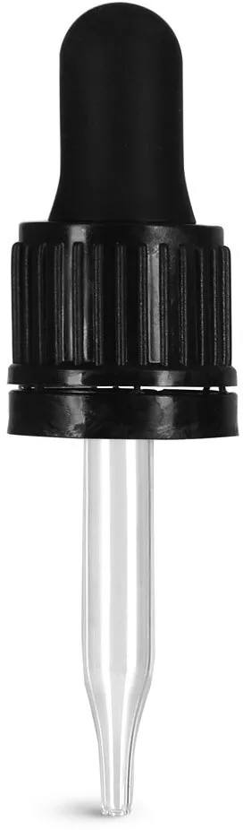 18/415 (7 mm x 48 mm) 18/415 (7 mm x 48 mm) Glass Droppers, Black Bulb Glass Droppers w/ Tamper Evident Seal