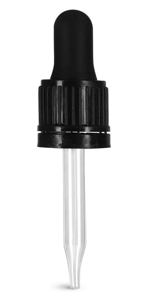 18/415 (7 mm x 65 mm) Glass Droppers, Black Bulb Glass Droppers w/ Tamper Evident Seal