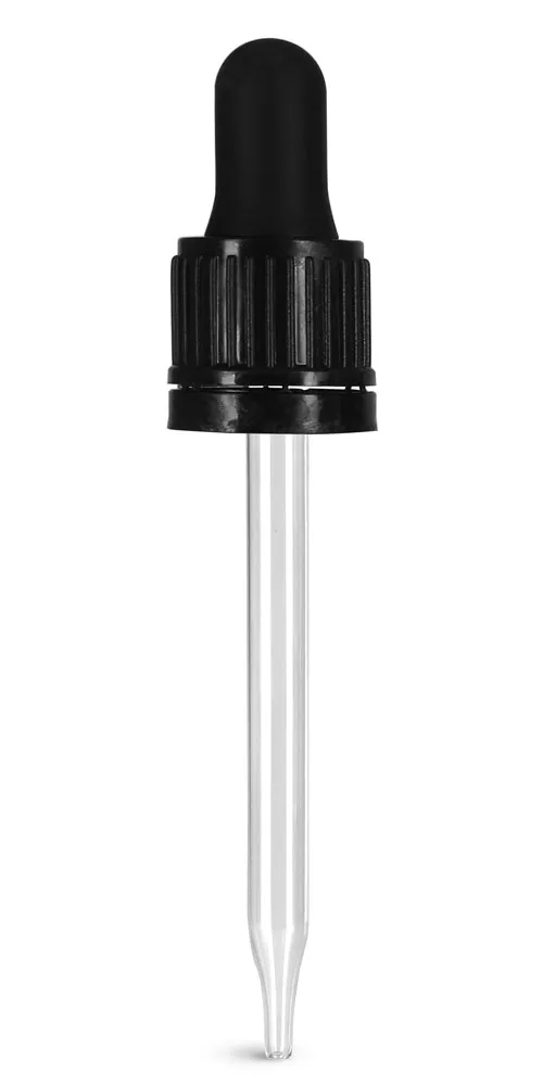 18/415 (7 mm x 89 mm) Glass Droppers, Black Bulb Glass Droppers w/ Tamper Evident Seal