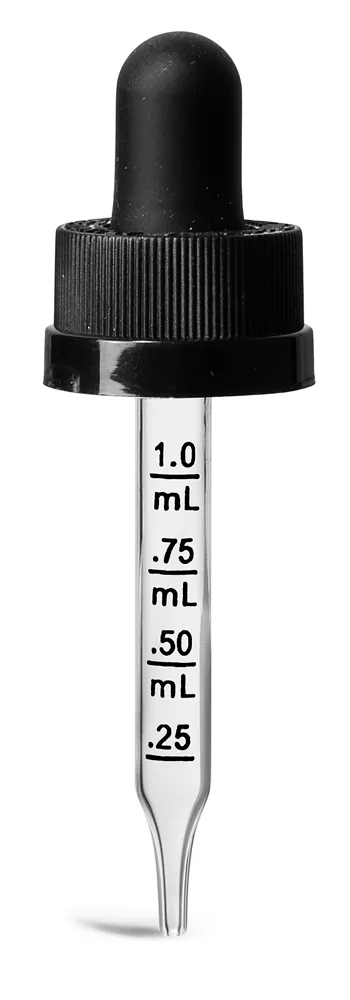 18/400 (7 mm x 66 mm) Child Resistant Caps, Black Child Resistant Graduated Droppers w/ Glass Pipettes