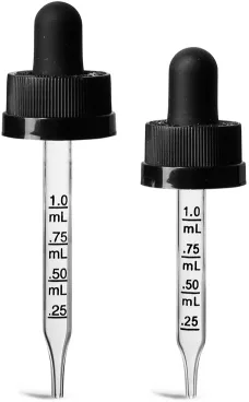 Child Resistant Caps, Black Child Resistant Graduated Droppers w/ Glass Pipettes 