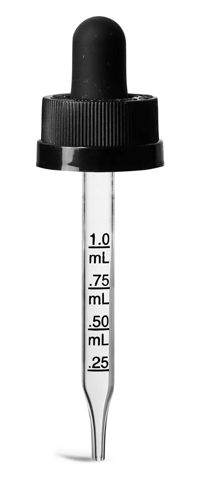 20/400 (7 mm x 76 mm) Child Resistant Caps, Black Child Resistant Graduated Droppers w/ Glass Pipettes