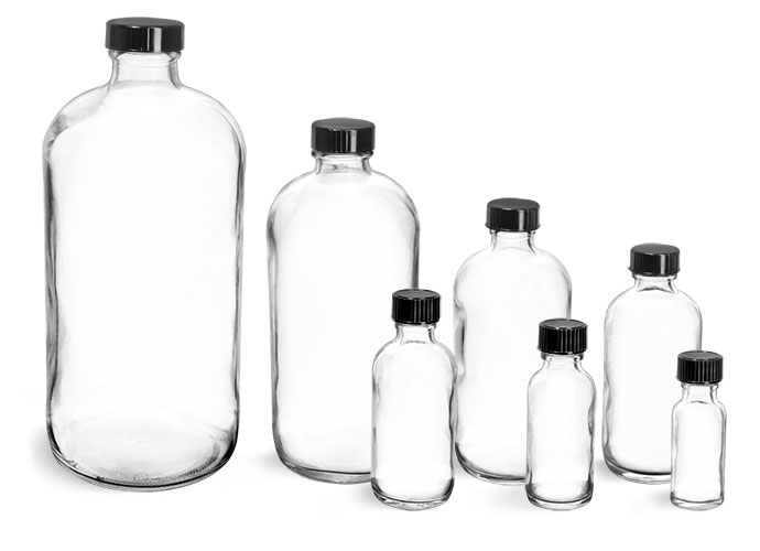 32 oz  Clear Glass Round Bottles w/ Black Phenolic Cone Lined Caps