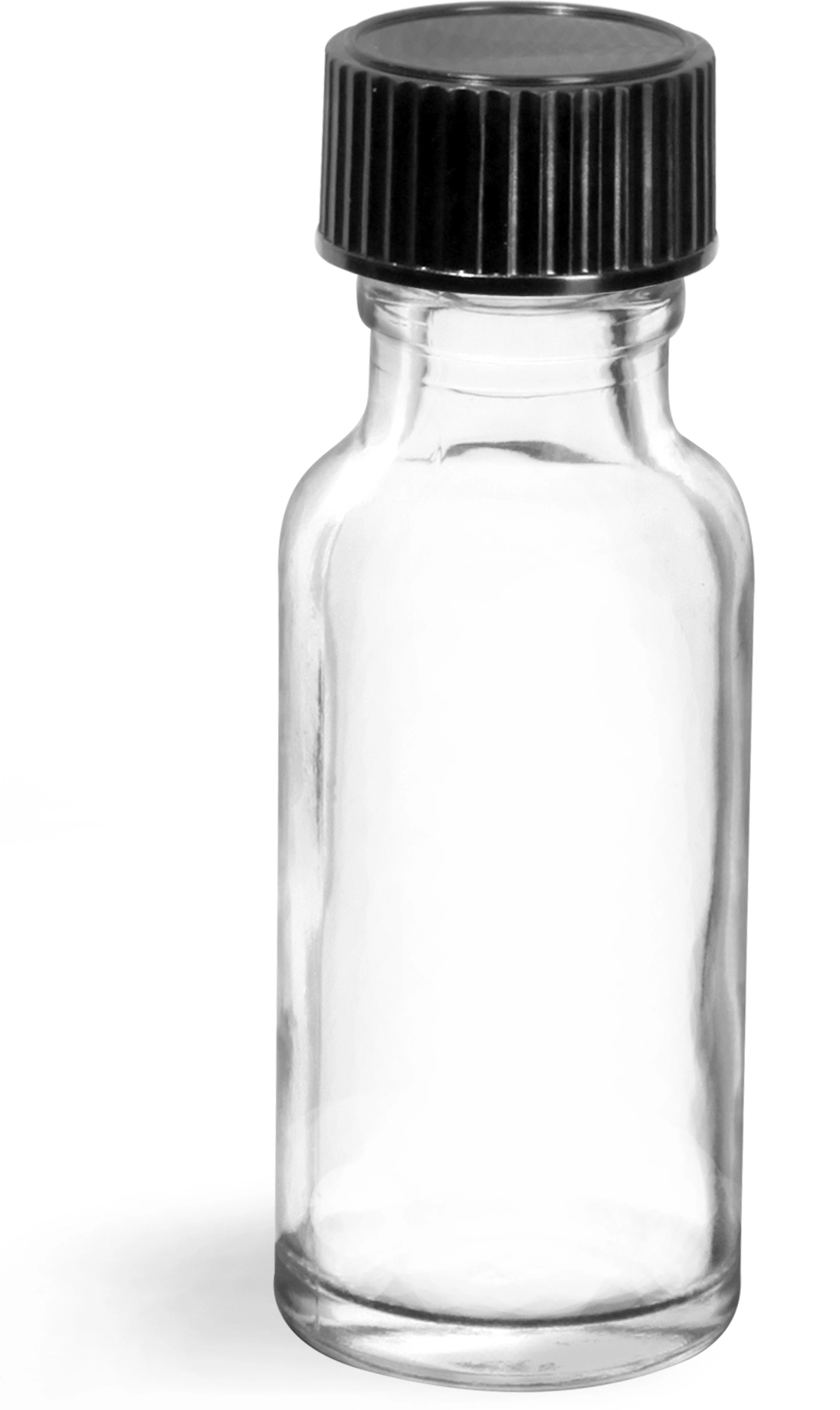 1/2 oz  Clear Glass Round Bottles w/ Black Phenolic Cone Lined Caps