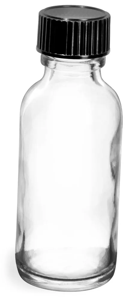1 oz  Clear Glass Round Bottles w/ Black Phenolic Cone Lined Caps
