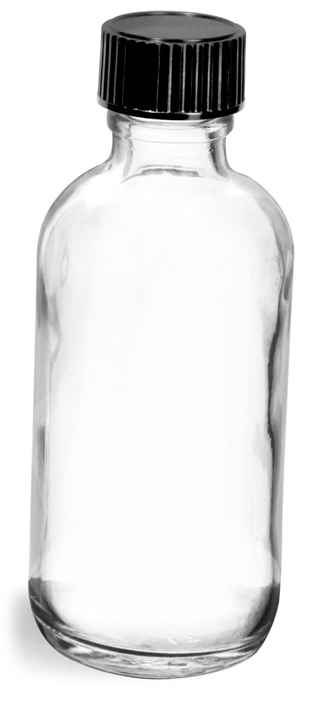 2 oz  Clear Glass Round Bottles w/ Black Phenolic Cone Lined Caps