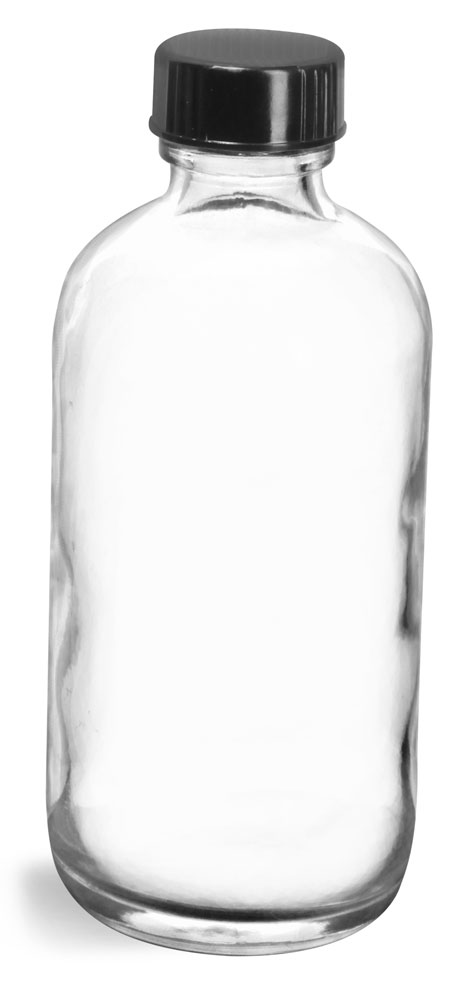 4 oz  Clear Glass Round Bottles w/ Black Phenolic Cone Lined Caps