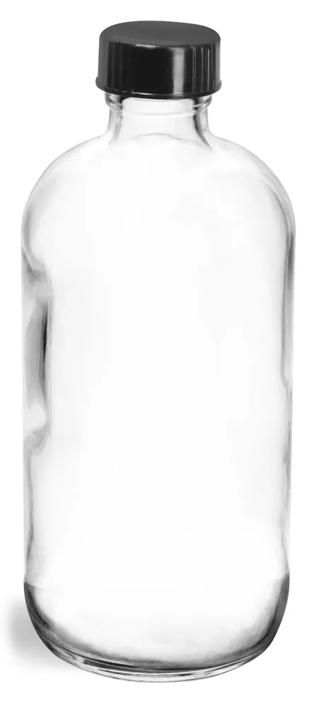 8 oz  Clear Glass Round Bottles w/ Black Phenolic Cone Lined Caps