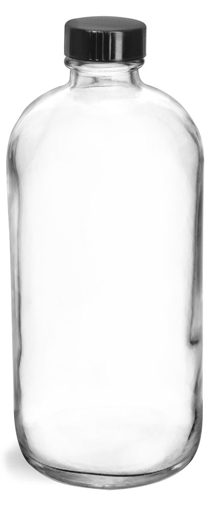16 oz  Clear Glass Round Bottles w/ Black Phenolic Cone Lined Caps