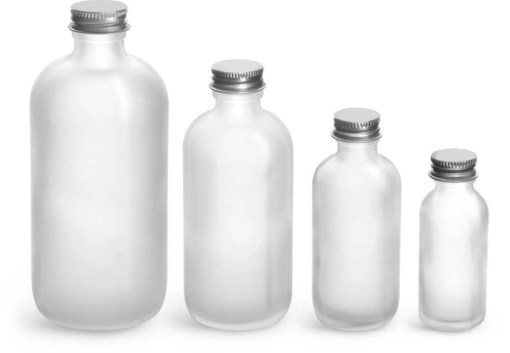 Frosted Glass Boston Round Bottles w/ Lined Aluminum Caps