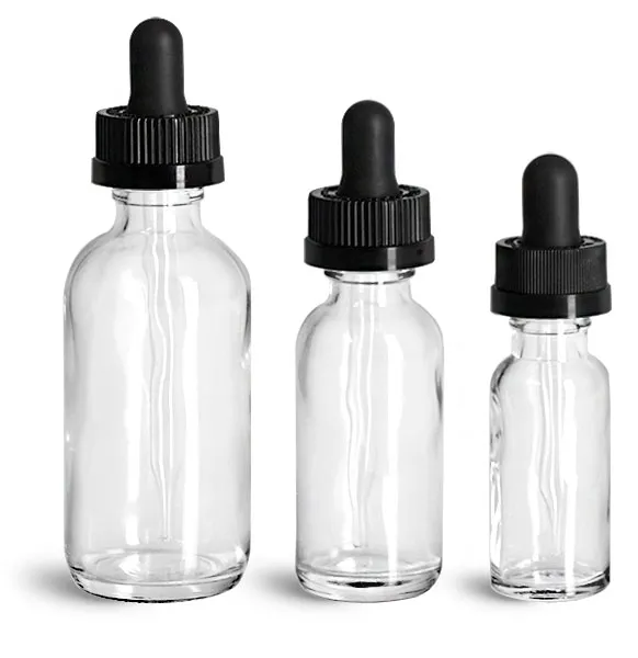 Glass Bottles, Clear Glass Boston Round Bottles w/ Black Child Resistant Glass Droppers