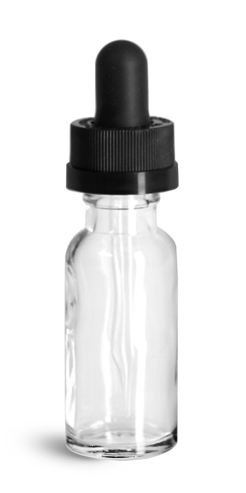 1/2 oz Glass Bottles, Clear Glass Boston Rounds w/ Black Child Resistant Glass Droppers