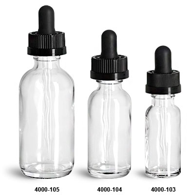 Glass Bottles, Clear Glass Boston Round Bottles w/ Black Child Resistant Glass Droppers