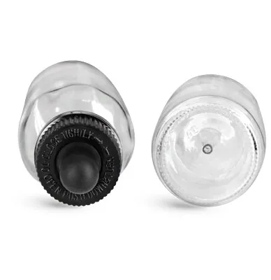 1/2 oz Glass Bottles, Clear Glass Boston Round Bottles w/ Black Child Resistant Glass Droppers