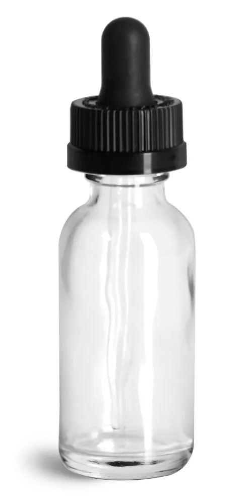 1 oz Glass Bottles, Clear Glass Boston Rounds w/ Black Child Resistant Glass Droppers