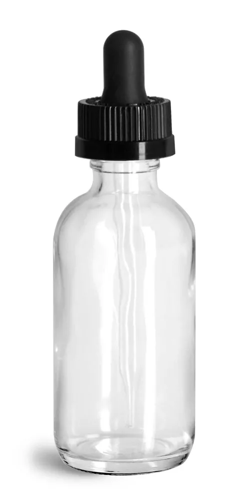 2 oz Glass Bottles, Clear Glass Boston Rounds w/ Black Child Resistant Glass Droppers
