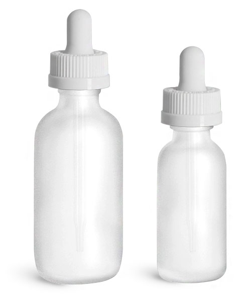 Glass Bottles, Frosted Glass Boston Round Bottles w/ White Child Resistant Glass Droppers
