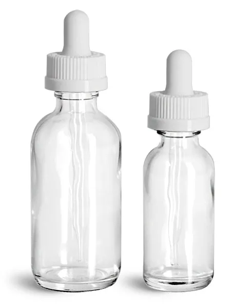 Glass Bottles, Clear Glass Boston Round Bottles w/ White Child Resistant Glass Droppers
