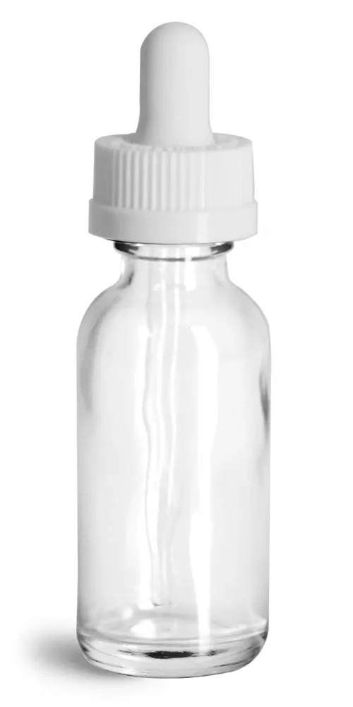 1 oz Glass Bottles, Clear Glass Boston Rounds w/ White Child Resistant Glass Droppers