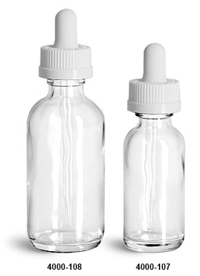 Glass Bottles, Clear Glass Boston Round Bottles w/ White Child Resistant Glass Droppers