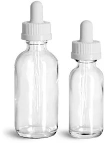Glass Bottles, Clear Glass Boston Round Bottles w/ White Child Resistant Glass Droppers