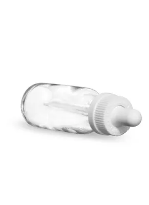 Glass Bottles, Clear Glass Boston Round Bottles w/ White Child Resistant Glass Droppers