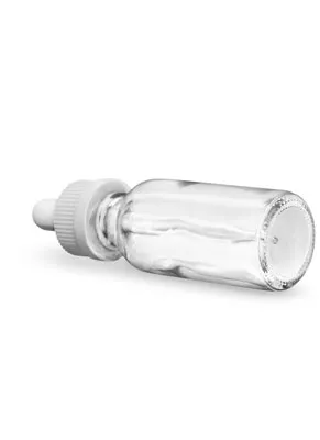Glass Bottles, Clear Glass Boston Round Bottles w/ White Child Resistant Glass Droppers