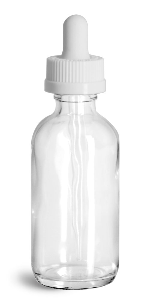 2 oz Glass Bottles, Clear Glass Boston Rounds w/ White Child Resistant Glass Droppers