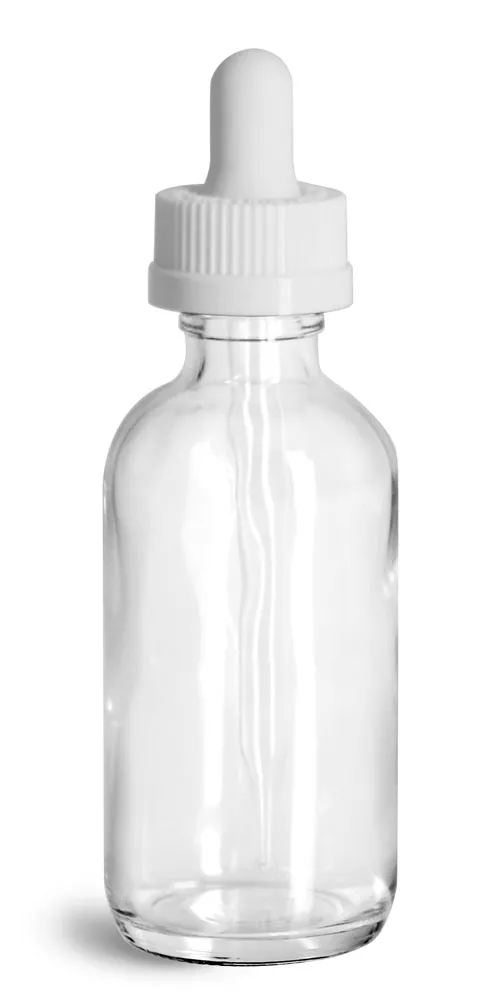 2 oz Glass Bottles, Clear Glass Boston Rounds w/ White Child Resistant Glass Droppers