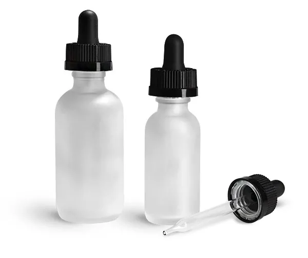 Glass Bottles, Frosted Glass Boston Round Bottles w/ Black Child Resistant Glass Droppers