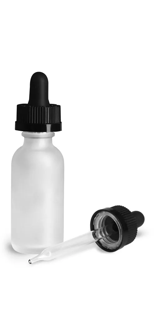 1 oz Glass Bottles, Frosted Glass Boston Round Bottles w/ Black Child Resistant Glass Droppers