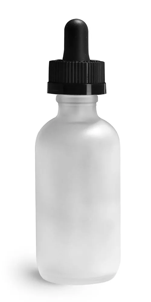 2 oz Glass Bottles, Frosted Glass Boston Round Bottles w/ Black Child Resistant Glass Droppers
