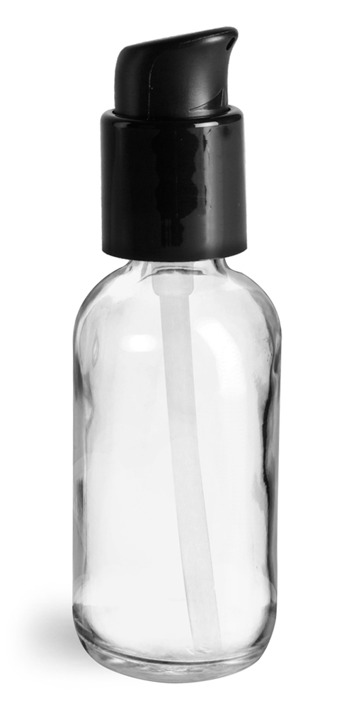 2 oz Clear Glass Boston Round Bottles w/ Black Treatment Pumps