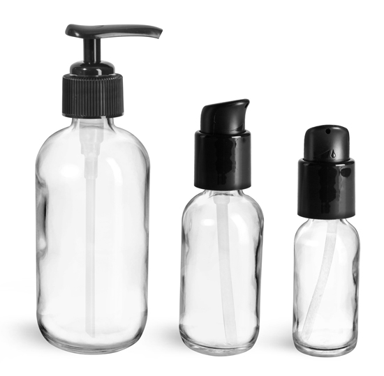 8 oz Glass Bottles, Clear Glass Rounds w/ Black Pumps